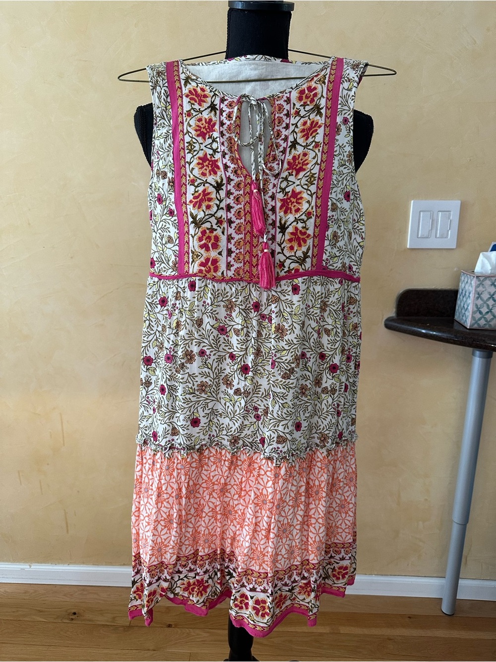 Boho Floral Tiered Sundress in Pink & Peach
Both sides
